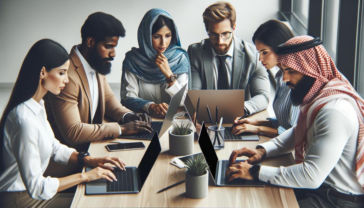 A group of diverse individuals working together on their computers, symbolizing teamwork and collaboration