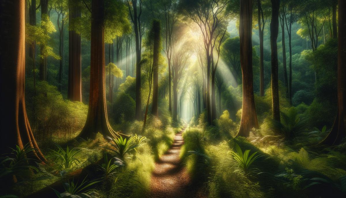 A path through the forest with a ray of sunlight shining on it, representing a journey