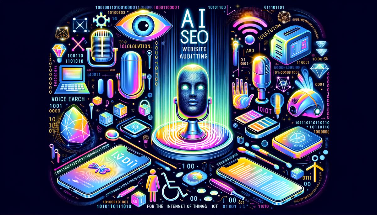 A visual representation of the future trends in SEO and Website Auditor, including AI, machine learning, voice search, IoT, and accessibility for inclusivity.