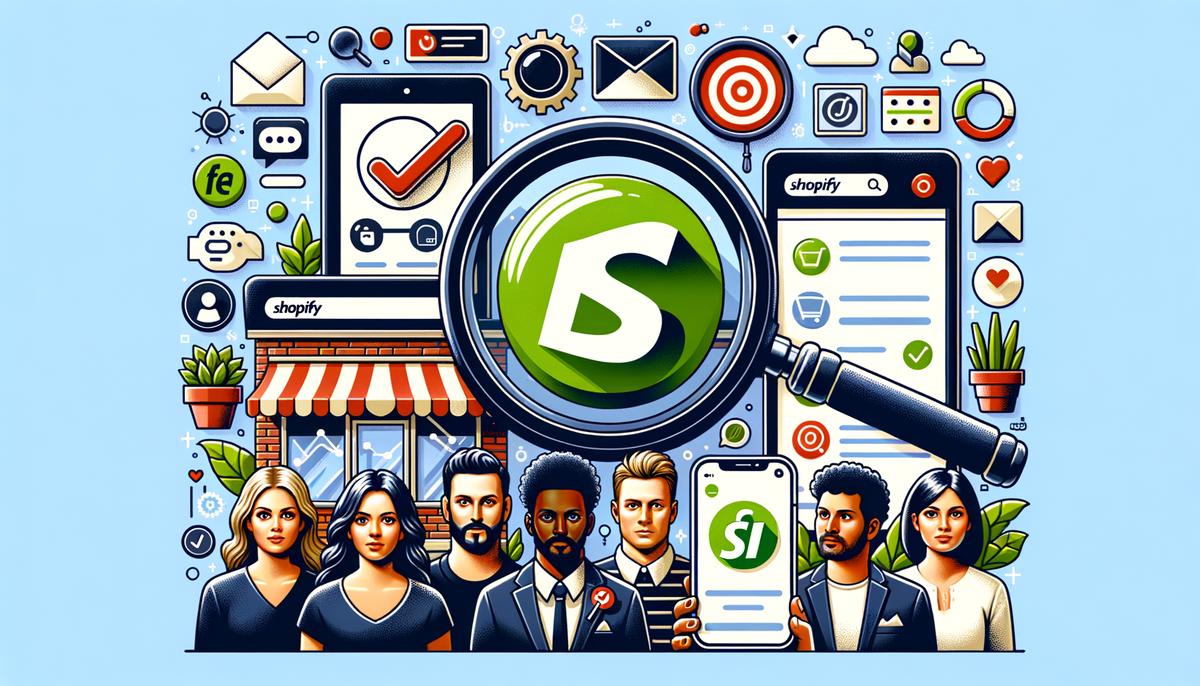 An image of a Shopify logo with a magnifying glass symbolizing analytics, a tablet with an email symbol representing email marketing, a smartphone surrounded by various app icons, a physical store with a checkmark indicating Shopify POS, a search engine page showing optimized results for SEO, and a group of people representing the Shopify community.