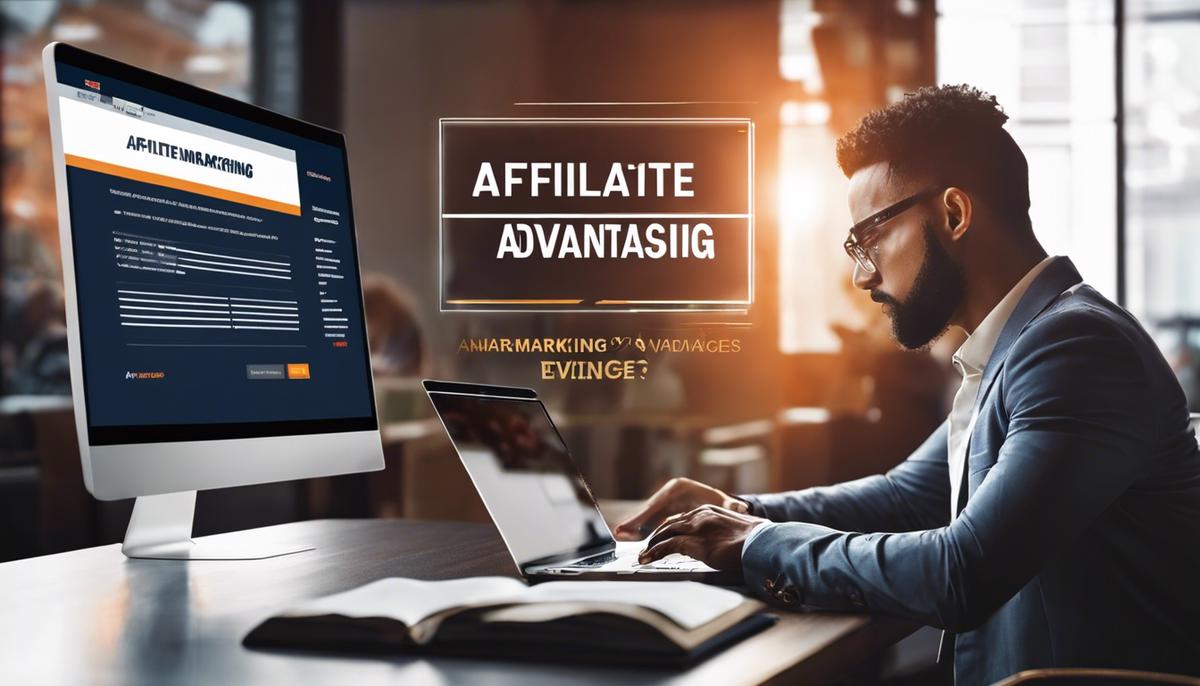 An image showing a person working on a laptop with the words 'Affiliate Marketing Advantages' written on the screen, representing the benefits of affiliate marketing.