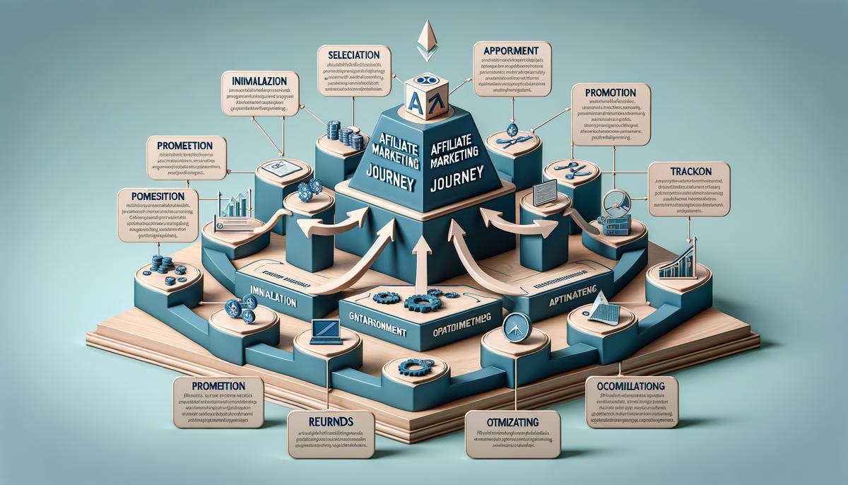 A visual representation of an affiliate marketing journey, depicted with various steps and guidelines for setting up a successful program.