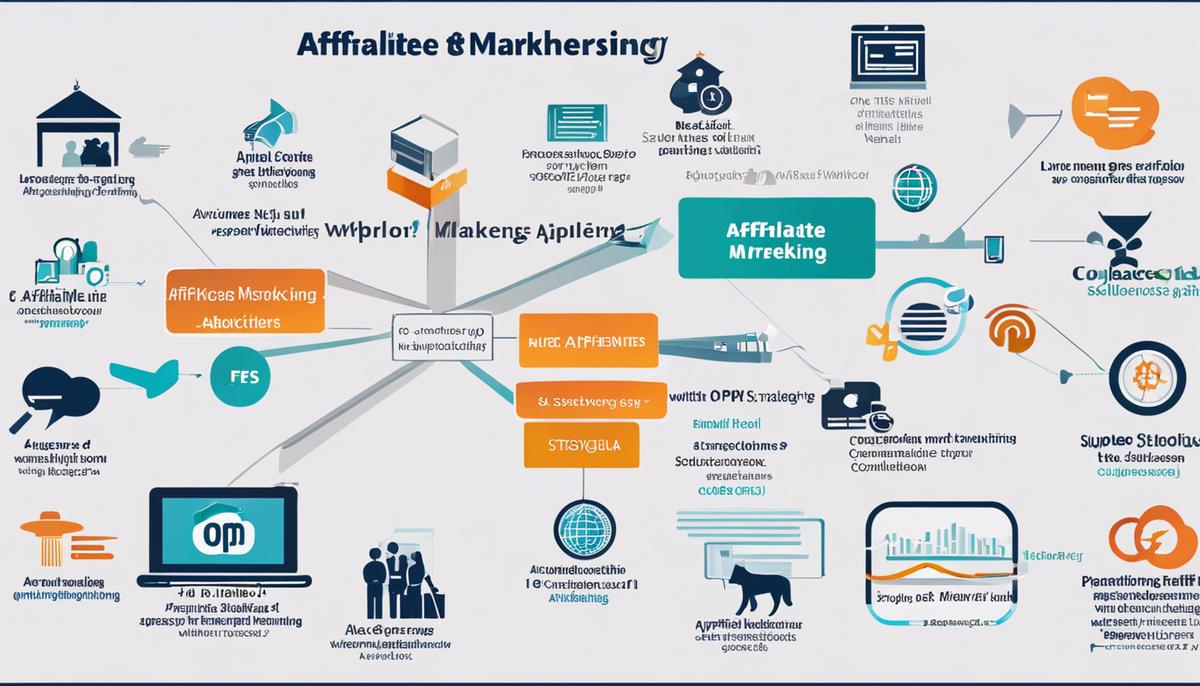 An image illustrating the components of an effective affiliate marketing strategy, including choosing the right affiliates, leveraging tracking solutions, collaborating with OPMs or agencies, and partnering with super affiliates.