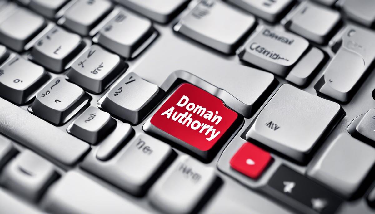 A laptop keyboard with the words 'Domain Authority' on the keys, representing the concept described in the text.