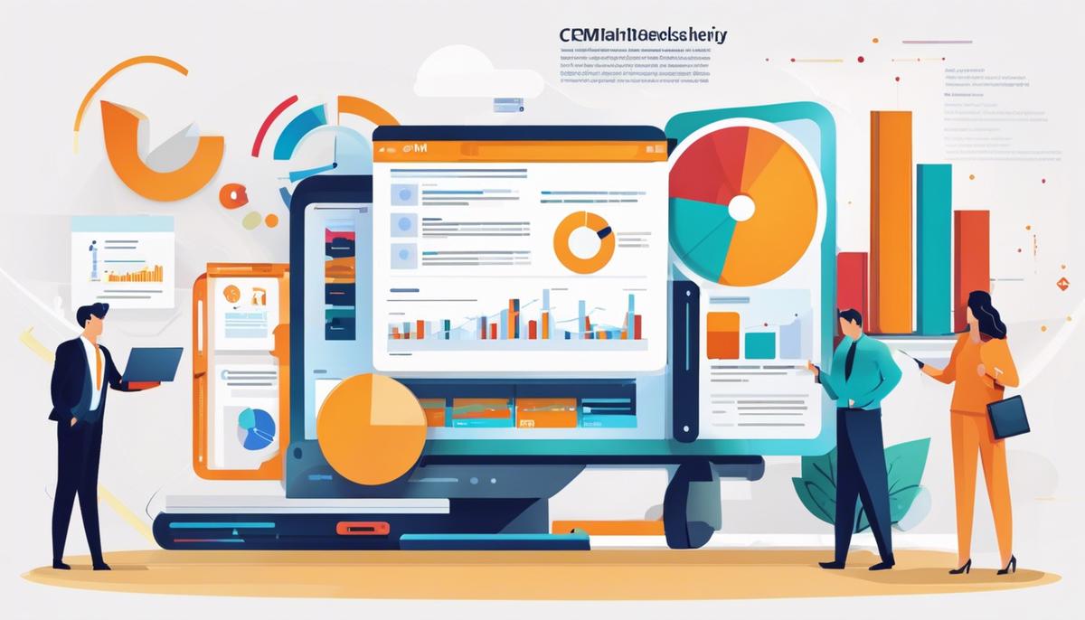 An illustration showing the impact of CRM on business efficiency, depicting streamlined processes, data insights, and user experience.