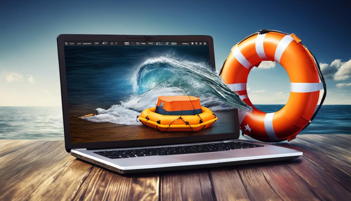 Image illustrating the concept of cyber insurance, showing a laptop protected by a shield with a life raft symbolizing the safety it provides to businesses.