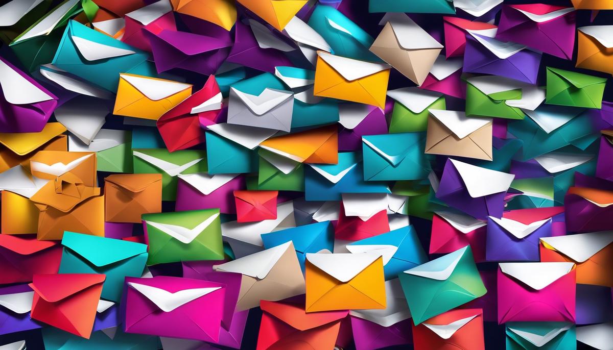 Image depicting an email marketing campaign with colorful envelopes symbolizing effective communication and business growth