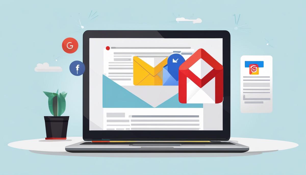 Illustration depicting laptop with Gmail logo and promotional email content on the screen, representing the power of email marketing for business growth