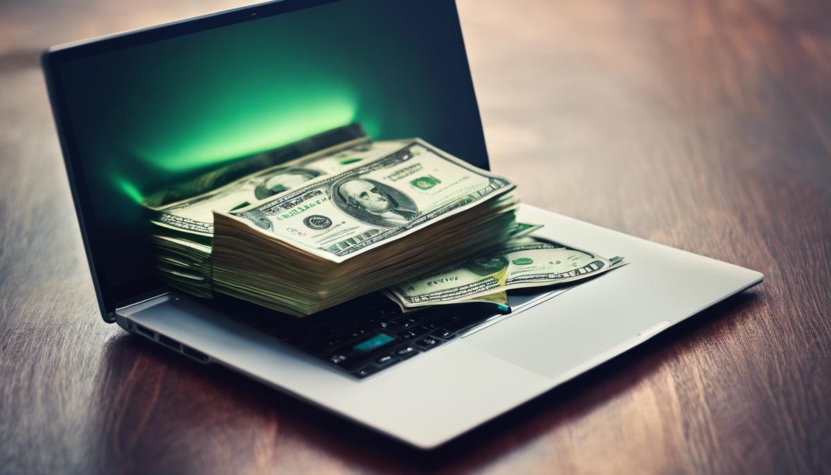 An image of a laptop with money emerging from it, symbolizing the potential to earn with the Fiverr Affiliate Program for visually impaired individuals.