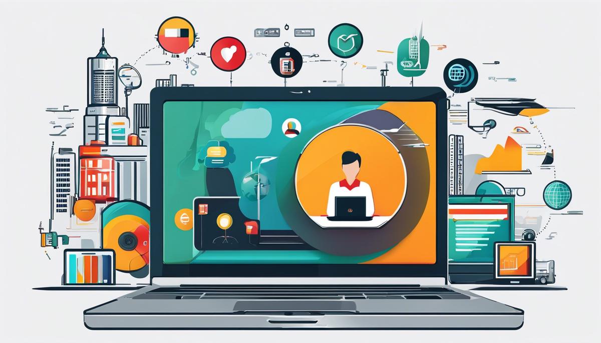 An image depicting a laptop with various icons and symbols representing different industries, illustrating the diverse opportunities available on Fiverr