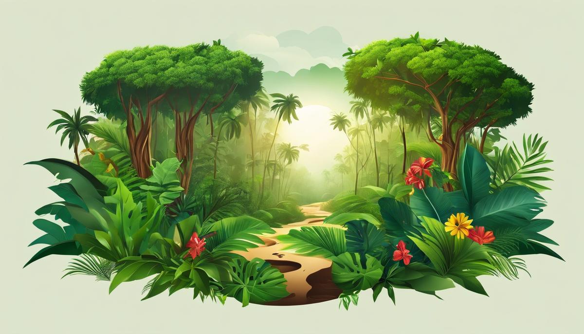 Image of a jungle with various SEO-related items hidden among the trees, representing the topic of navigating the Fiverr SEO Jungle