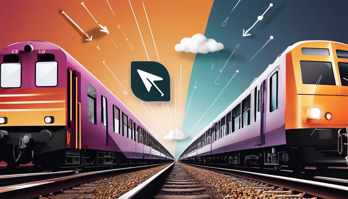Image illustrating a smooth transition from Magento to WooCommerce, showing arrows moving from one platform to another with a train icon symbolizing the migration process