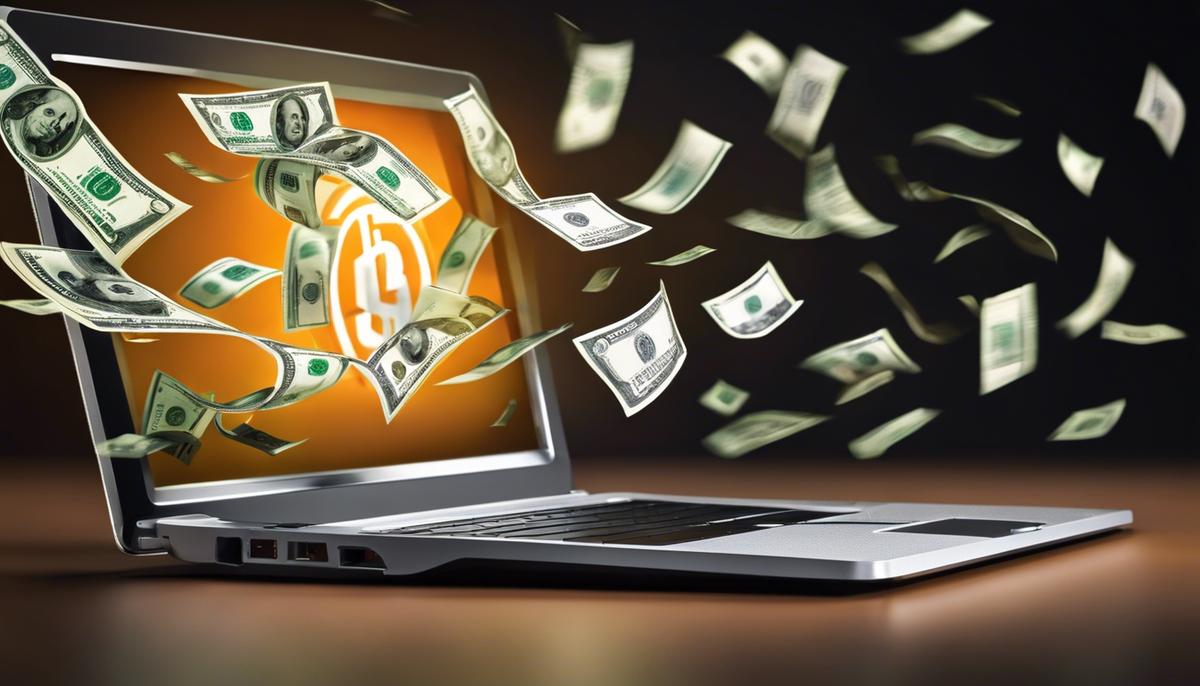 A laptop with dollar signs on the screen, representing maximizing earnings through Fiverr's affiliate commissions