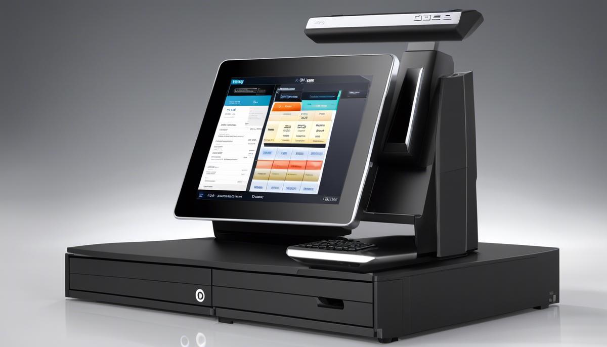 A futuristic POS system with various connectivity options, showcasing the integration of technology in commerce.