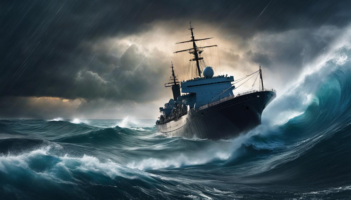 Image of a ship sailing through stormy waters, symbolizing the challenges of cyber combat.