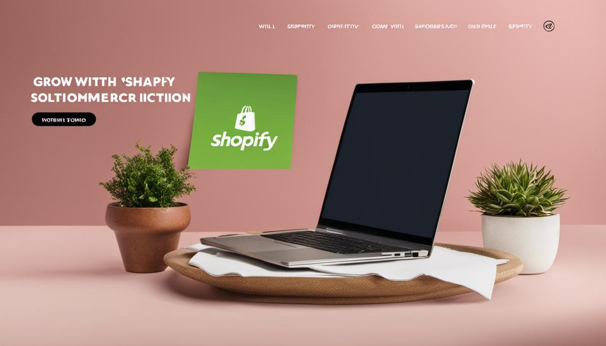 A laptop showing the Shopify logo with the text 'Grow with Shopify - Your E-commerce Solution'