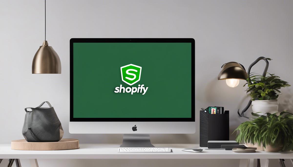 A computer displaying the Shopify logo, representing the e-commerce platform Shopify.