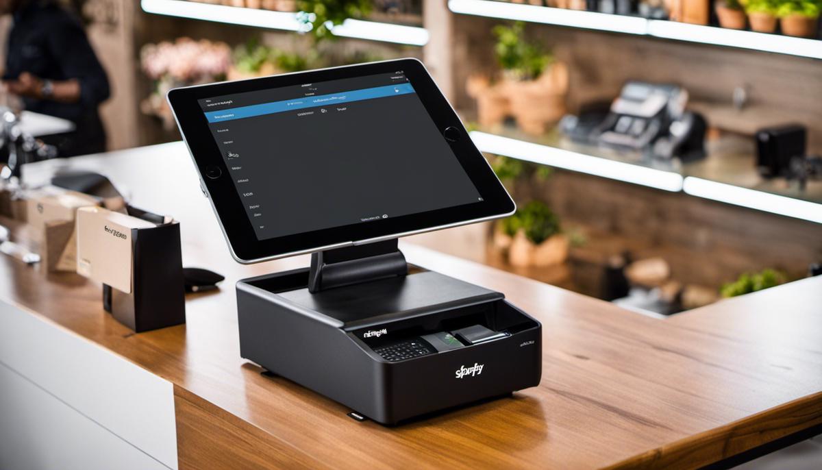A variety of Shopify POS hardware including a Tap & Chip Reader, Retail Stand for iPad, Receipt Printer, Barcode Scanner, Label Printer, Cash Drawer, Card Reader Dock, and External Power Packs.