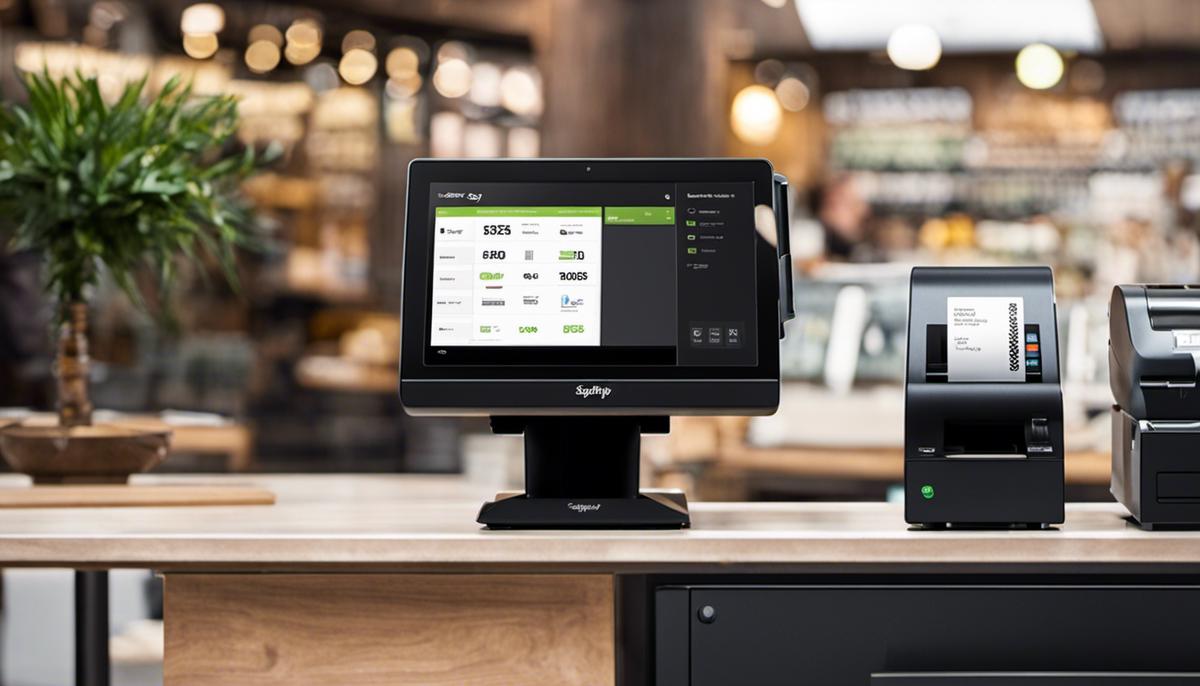 An image of Shopify POS hardware consisting of a terminal, card reader, barcode scanner, cash drawer, retail stand, and receipt printer neatly arranged on a counter.
