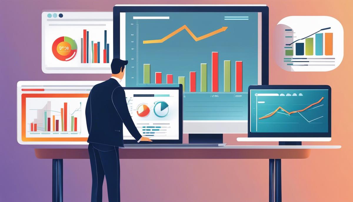 An image of a person analyzing data on a computer screen with a graph showing an upward trend of ROI.