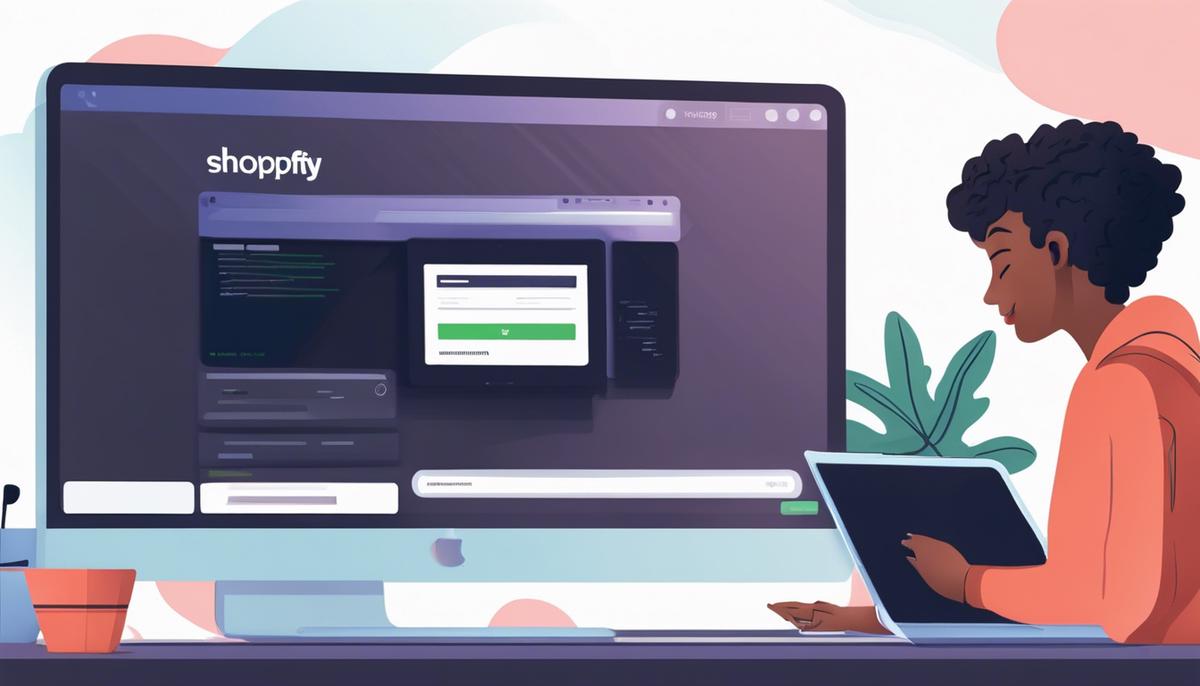 Illustration of a person setting up a Shopify account on a computer screen