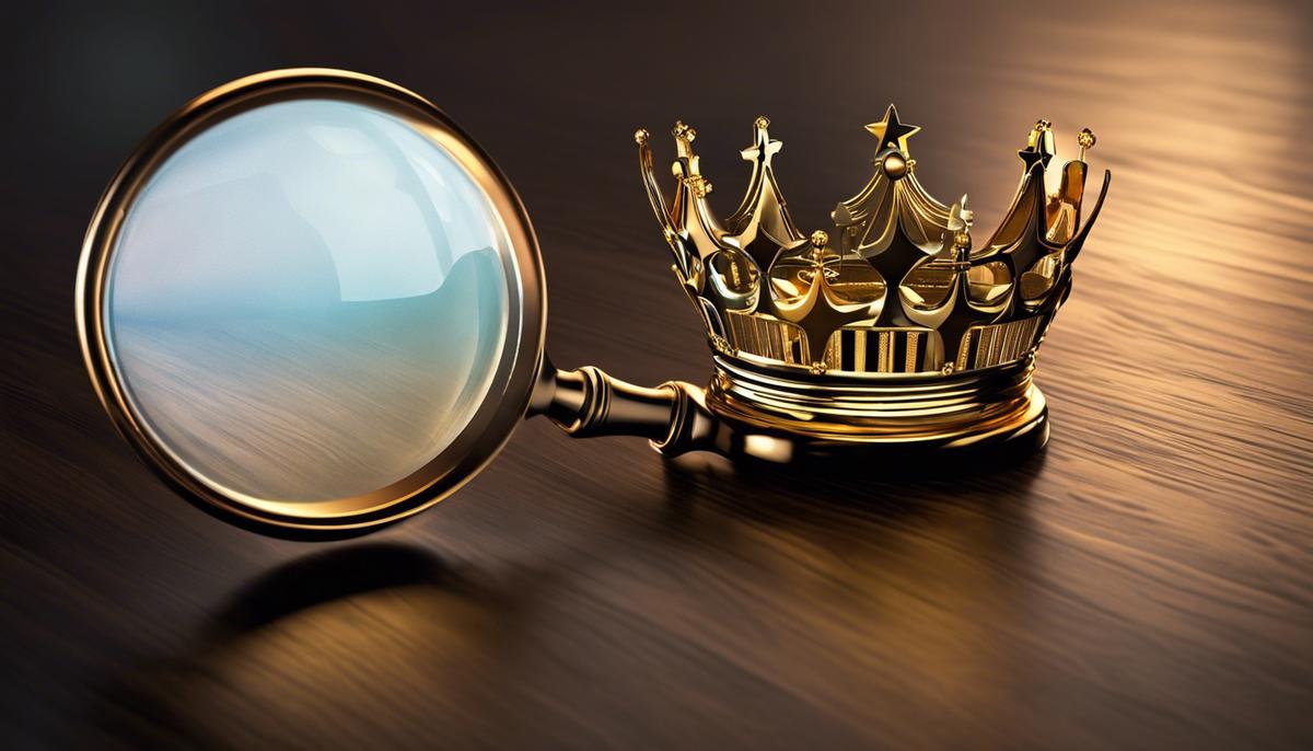 A magnifying glass revealing a path leading towards a glowing crown, representing turning insights into action and achieving online dominance.