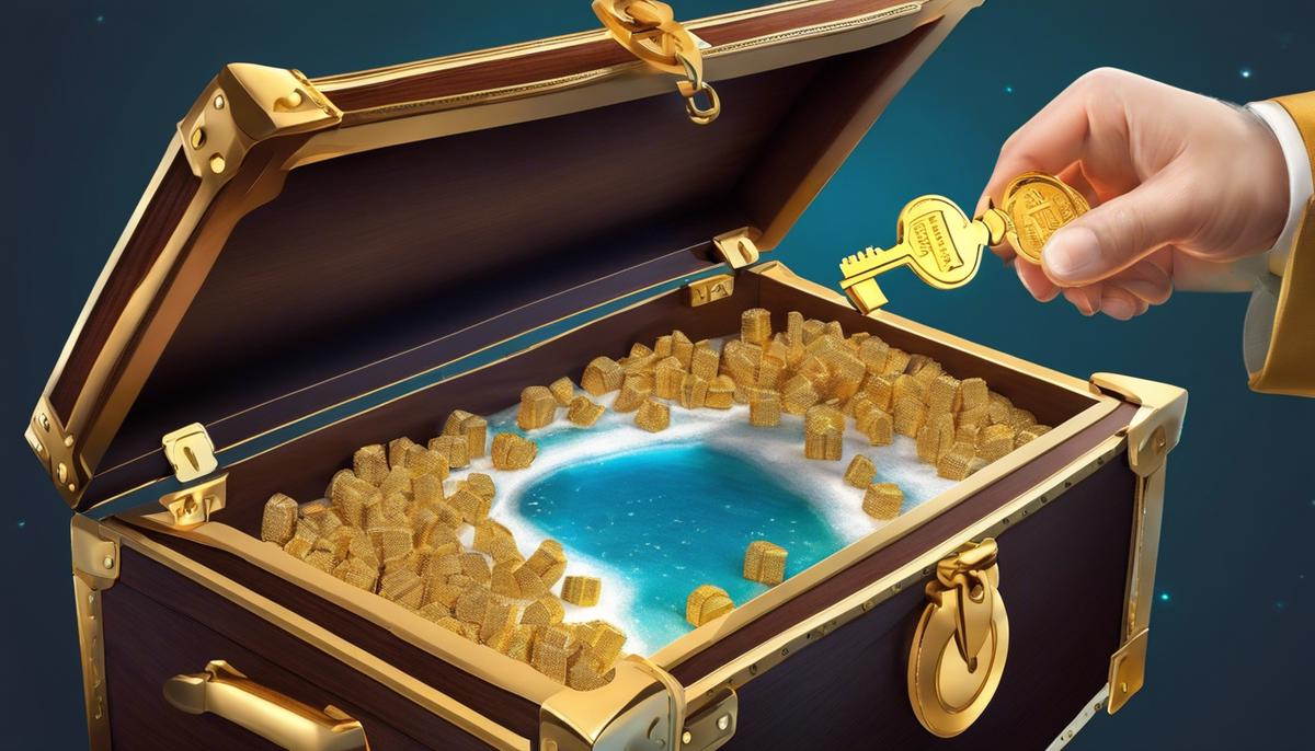 Image illustrating the concept of zero-cost affiliate marketing, with a person holding a golden key to a treasure chest labeled 'Passive Income'.